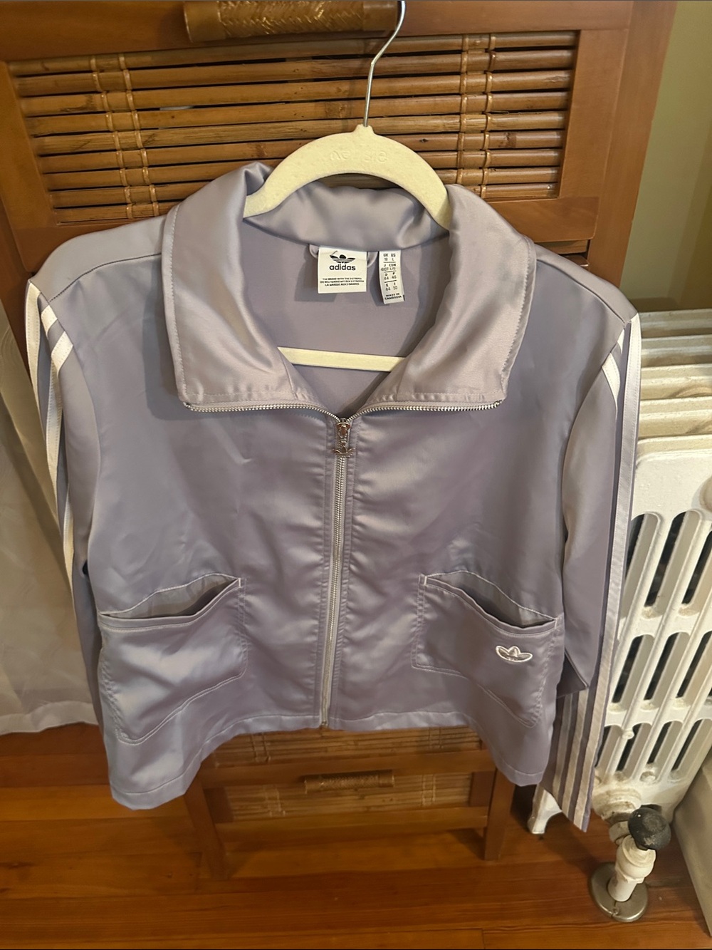 adidas Silver Silky Retro Cropped Bomber Jacket with White Stripes